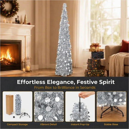 Foldable Christmas Tree Retractable Tinsel Tree Holiday Decor Silver