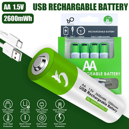 4X USB AA Lithium Ion Rechargeable Battery 1.5V 2600mAh Fast Charger Type C Lot