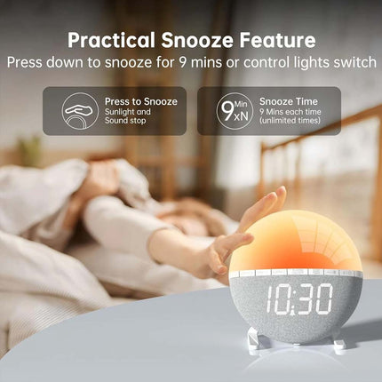 Alarm clock wake-up light with sunrise/sunset simulation, dual alarm clocks