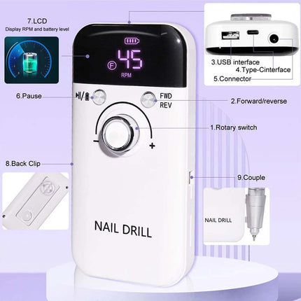 Electric Nail Drill Set Rechargeable Acrylic Nail File Machine LCD Display