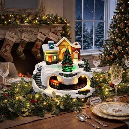Resin Christmas Village House with Musical Light-Up Train & LED Lights