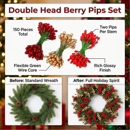 150 Pcs Artificial Berry Stems Double Head Christmas Tree Ornaments Floral Picks