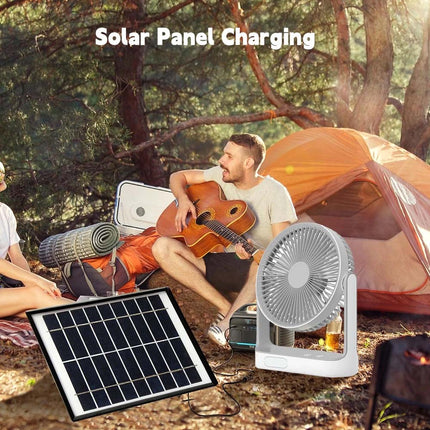 Solar Powered Cooling Fan Cooler Rechargeable Camping Fan with 2 Lights Bulbs