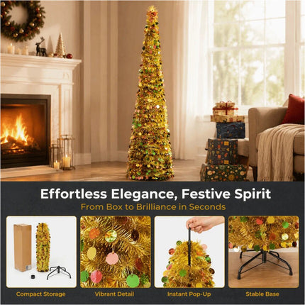 Foldable Christmas Tree Retractable Tinsel Tree Holiday Decor Gold and colors