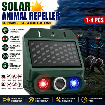 Solar Ultrasonic Animal Repeller LED Red‑Blue Flash Fox Bird Scarer Deterrent