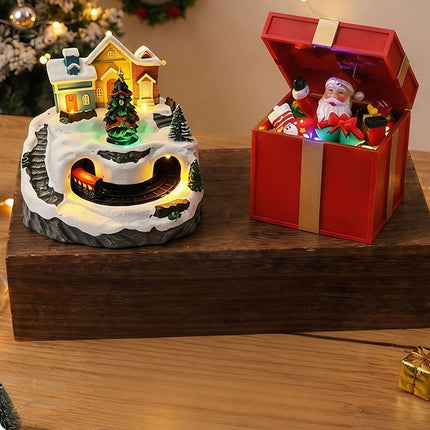 Resin Christmas Village House with Musical Light-Up Train & LED Lights