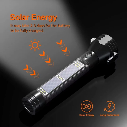 Solar Power LED Flashlight Rechargeable Torch USB Charge Compass Hammer Cutter
