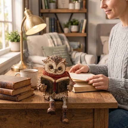 Reading Owl Resin Figurine Rustic Country Style Tabletop Ornament for Home Decor