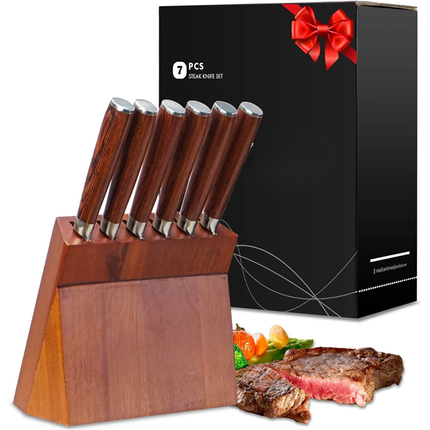 Kitchen 6 Pcs Knife Set with Block Serrated Steak Knife Wooden Handle