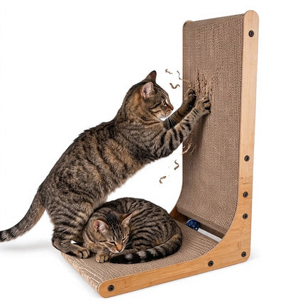 Wall Leaning L Shape Cat Scratcher Cardboard Bed with Wooden Frame 60CM Indoor Use