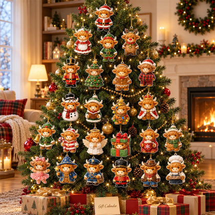 2026 Highland Cow Christmas Advent Calendar with 24 Acrylic Hanging Ornaments