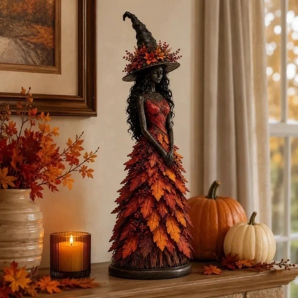 Rustic Halloween Witch Statue Leaf Gown Forest Witch Table Decor Fall Decor