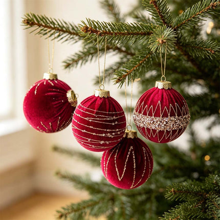 4X Velvet Christmas Balls Xmas Tree Hanging Bauble Ornament Party Decoration 8CM Red