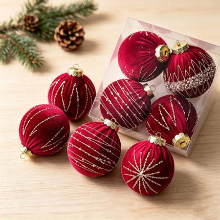4X Velvet Christmas Balls Xmas Tree Hanging Bauble Ornament Party Decoration 8CM Red
