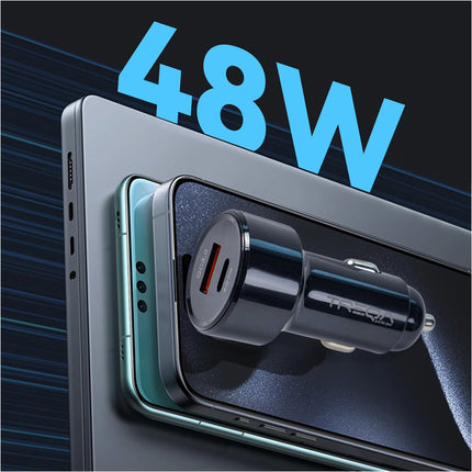 Black 48W 2 Port Car Phone Charger Dual USB A C PD Metal 12V Cigarette iPhone Charging