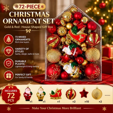 72-Piece Luxury Christmas Ornament Set - Gold and Red House-Shaped Gift Box
