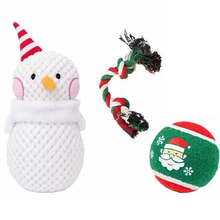Snowman Christmas Dog Toy Set with Durable Cotton Rope and Soft Plush Ball Chew Toys