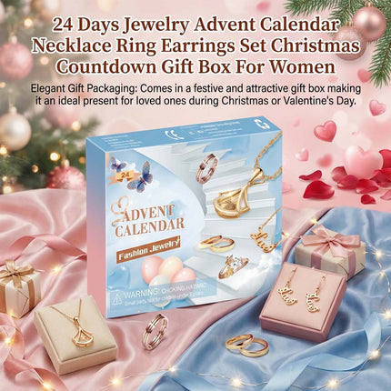24 Day Christmas Jewelry Advent Calendar Necklace Ring Earring Set Gift Box