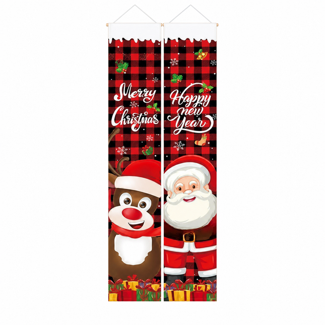 Plaid reindeer and Santa Christmas porch banner set on pure white background