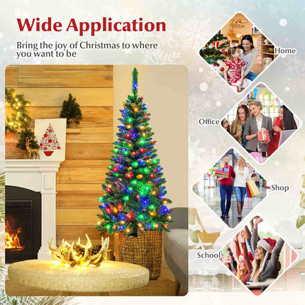 137CM Pre-Lit Christmas Fir Decoration Xmas Pencil Tree with Colorful LED Lights