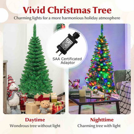 137CM Pre-Lit Christmas Fir Decoration Xmas Pencil Tree with Colorful LED Lights