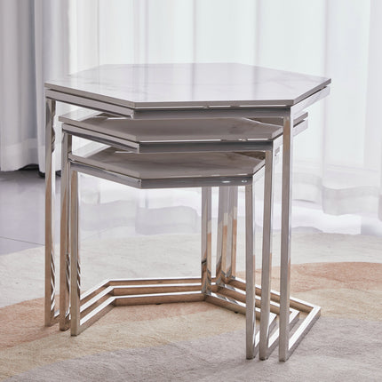 Set of 3 Hexagonal Nesting Tables - White Marble Top With Chrome Legs | Modern Living Room Side Coffee Tables