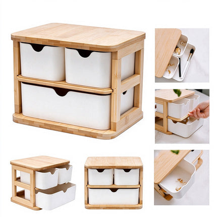 3 Tier Bamboo Storage Drawer Unit, Natural Wooden Desk Organizer Box Rack