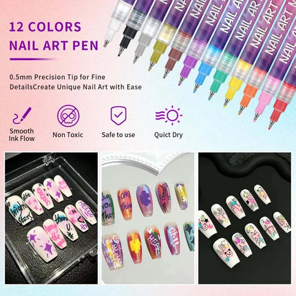 12Pcs 3D Nail Art Drawing Pen Waterproof Painting Liner Drawing Embellishing