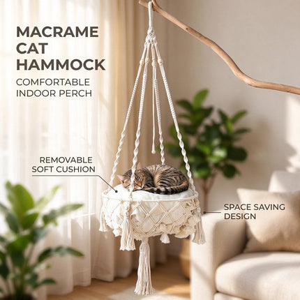 Macrame Hand Woven Hanging Pet Cat Hammock Swing Bed Nest Boho Hanging Basket