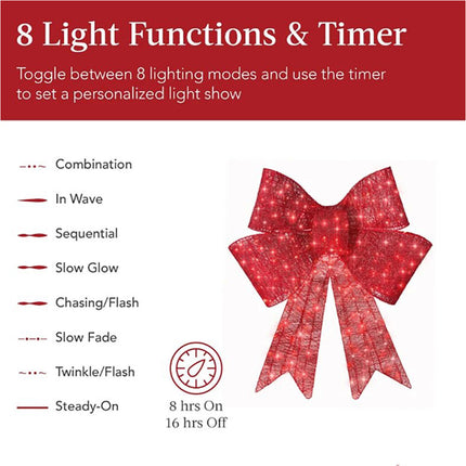 Large Red Bow Pre-Lit LED Light with Red Ribbon Christmas Door Tree Decor