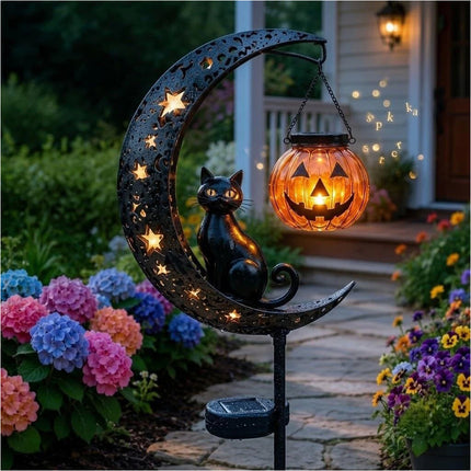 Solar Halloween Black Cat Pumpkin Moon Garden Stake Light Outdoor Yard Decor LED