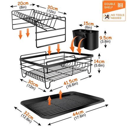 2-Tier Dish Drying Rack Dish Rack Dish Drainer with Drain Board Design Anti-Rust