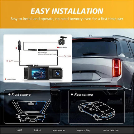 1080P 3 Channel Front Rear And Inside Dash Cam Night Vision G-Sensor APP Control