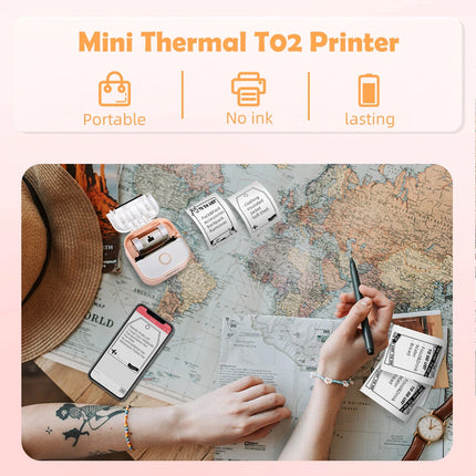 T02 Mini Pocket Bluetooth Thermal Printer Wireless Photo Inkless Sticker Pink