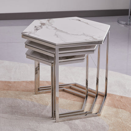 Set of 3 Hexagonal Nesting Tables - White Marble Top With Chrome Legs | Modern Living Room Side Coffee Tables