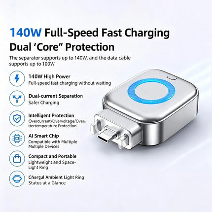 Type-C 140W Auto Disconnect Charging Adapter Fast Charge Mechanical Cut-Off - Silver White