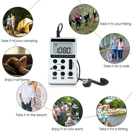 Portable FM/AM Mini Radio Pocket Receiver Digital LCD Stereo Earphone Set USB