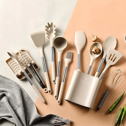 13PCS Silicone Kitchen Utensil Set with Stainless Steel Handles Non-Stick Tools (Beige)