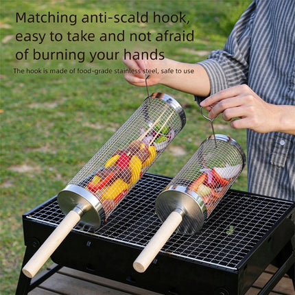 Rolling BBQ Grill Basket with Mesh Cage for Vegetables & Meat, Outdoor Barbecue Cylinder Net, Fits Most Grills