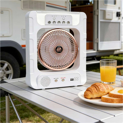 Portable Solar Air Fan Cooler With Humidifier Bluetooth Speaker Camping Light