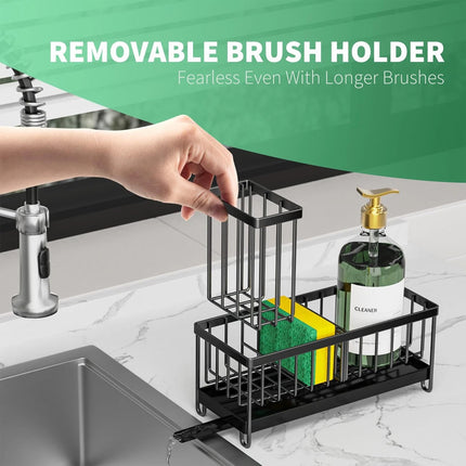 Black Metal Kitchen Sink Sponge Organizer Rack with Brush Holder