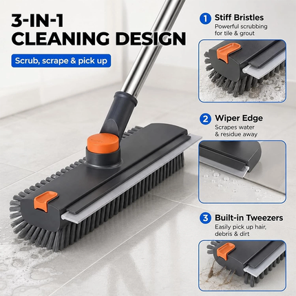 3-in-1 Long Handle Floor Scrub Brush 360° Rotation Head Scrubber for Bathroom