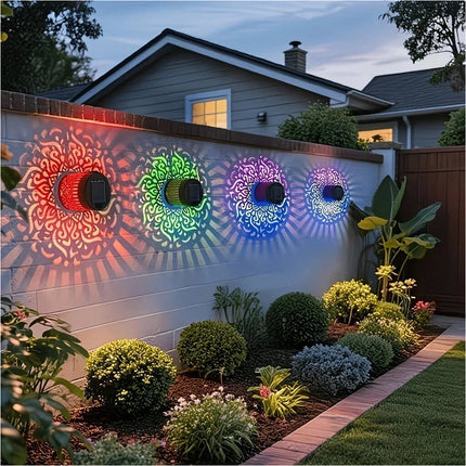 2Pcs Colorful Solar Mandala Wall Light Outdoor Garden Fence Projector Lamp Patio Ambient Light