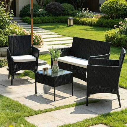 4-Piece Outdoor Patio Wicker Lounge Set Chair with Cushions & Glass Coffee Table