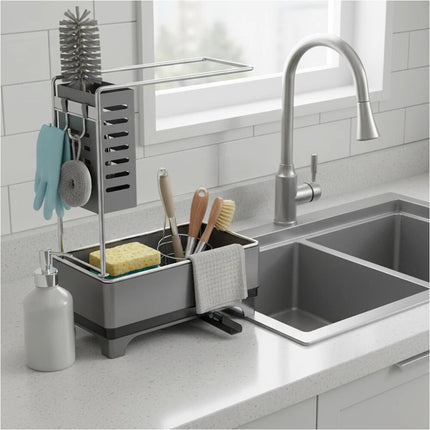 Gunmetal Grey 2 Tier Kitchen Sink Caddy Organizer with Brush and Sponge Holder Stainless Steel