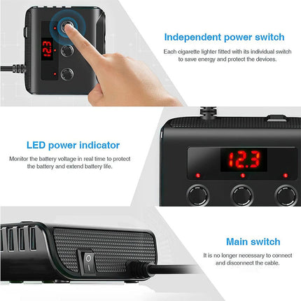 3 Way 12V 24V Multi Socket Car Cigarette Lighter Splitter USB Charger Adapter
