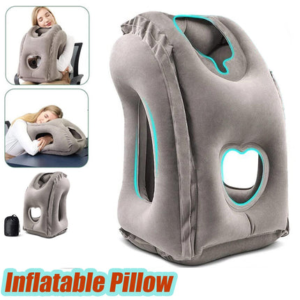 Inflatable Air Travel Pillow Cushion Head Chin Support Airplane Office Rest Nap Grey