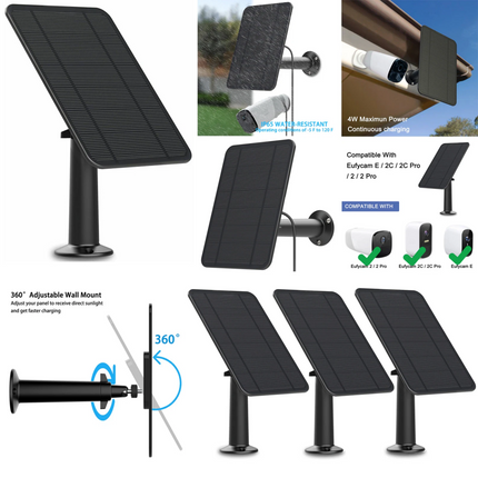 4W Solar Panel For Wireless Camera for Eufy Eufycam Cam With 3m USB Charge Cable Blcack