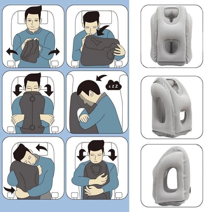 Inflatable Air Travel Pillow Cushion Head Chin Support Airplane Office Rest Nap Grey