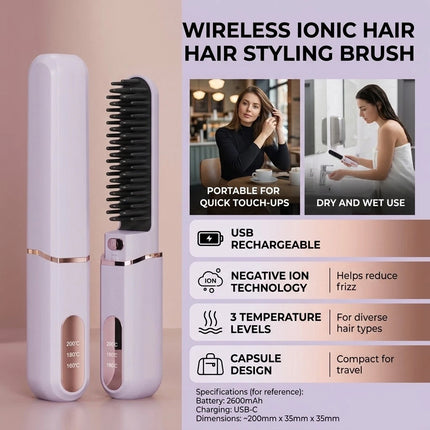 Cordless Rechargeable Portable Hair Straightener Brush Hair Iron AntiScald Quick  (Purple)
